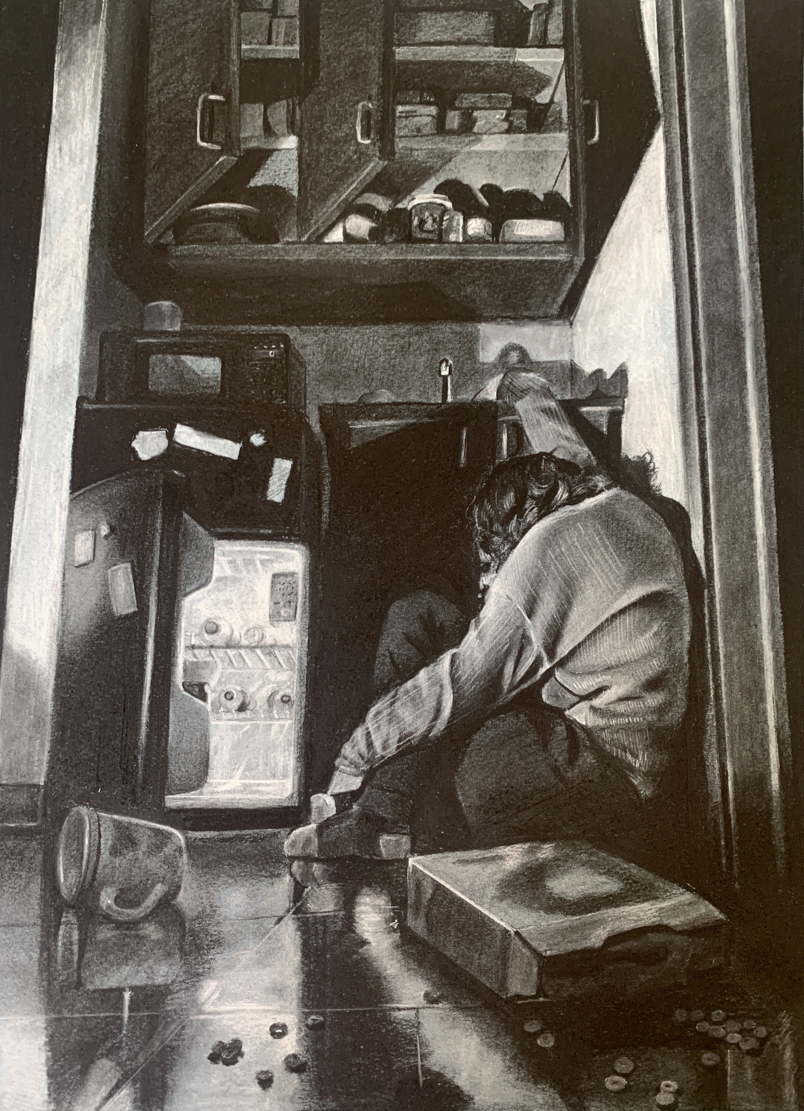 a charcoal drawing of a young woman sitting on the floor next to an open fridge